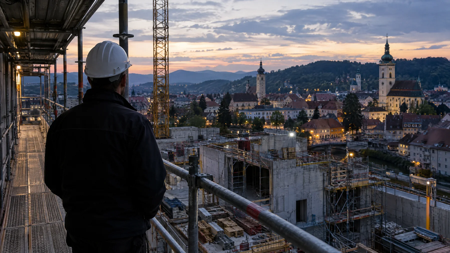 Stavebný inžinier na lešení hľadí na večerné mesto