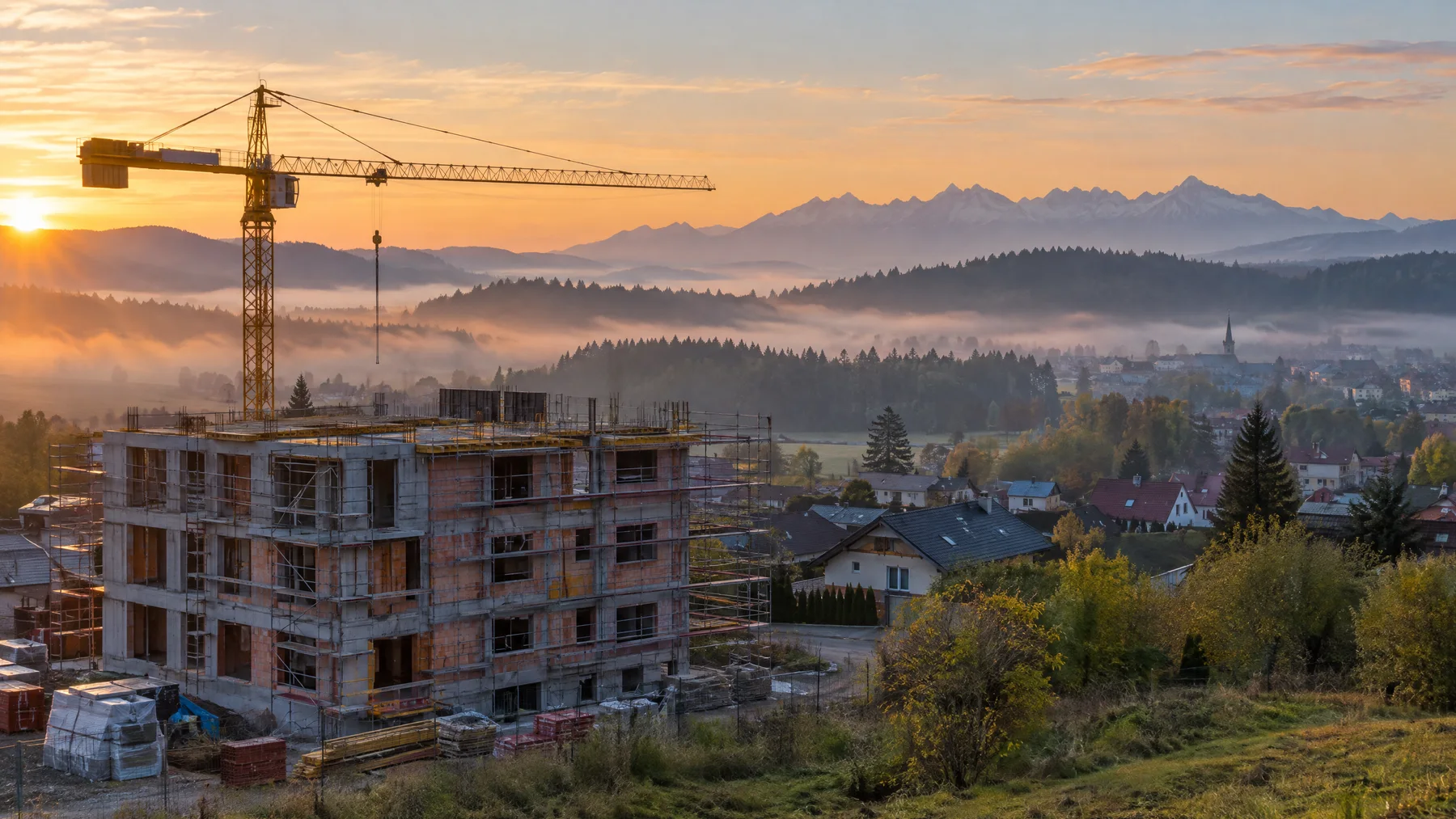 Rozostavaný dom na Spiši pri východe slnka, v pozadí Tatry